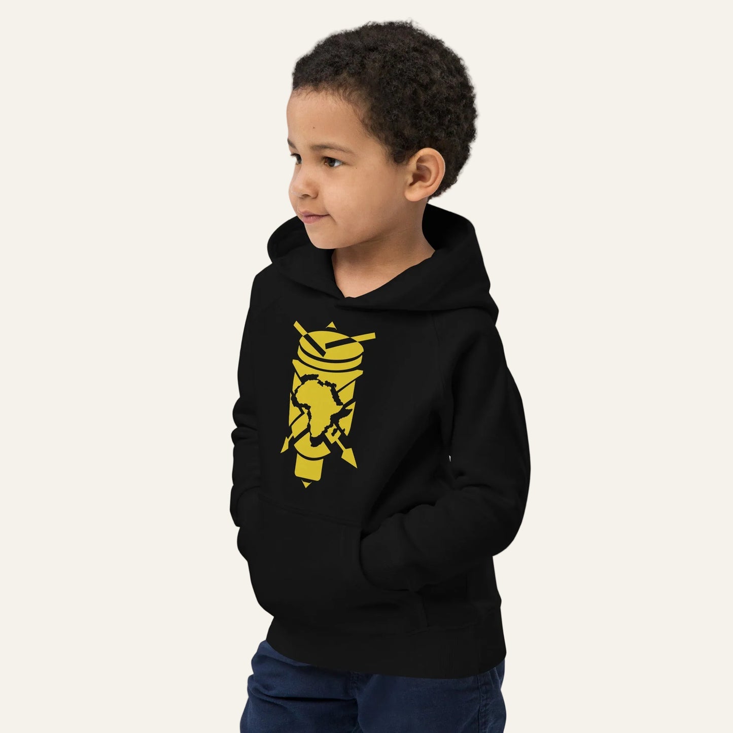 Creative.Era Ingoma Hoodie for kids — black Street Wear hoodie inspired by Burundi royal drums, cultural fashion design.