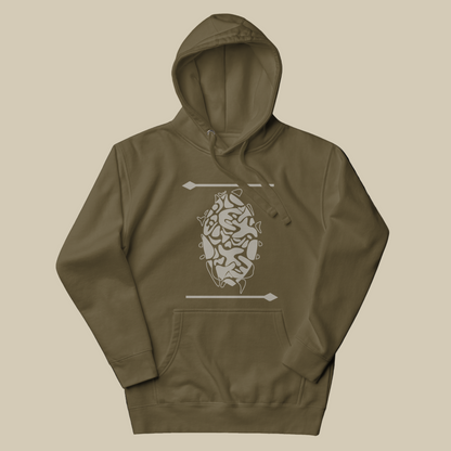 Creative.Era Inkinzo ya Ntare Hoodie — olive green hoodie inspired by Burundi royal shield, Minimalist cultural Streetwear. 