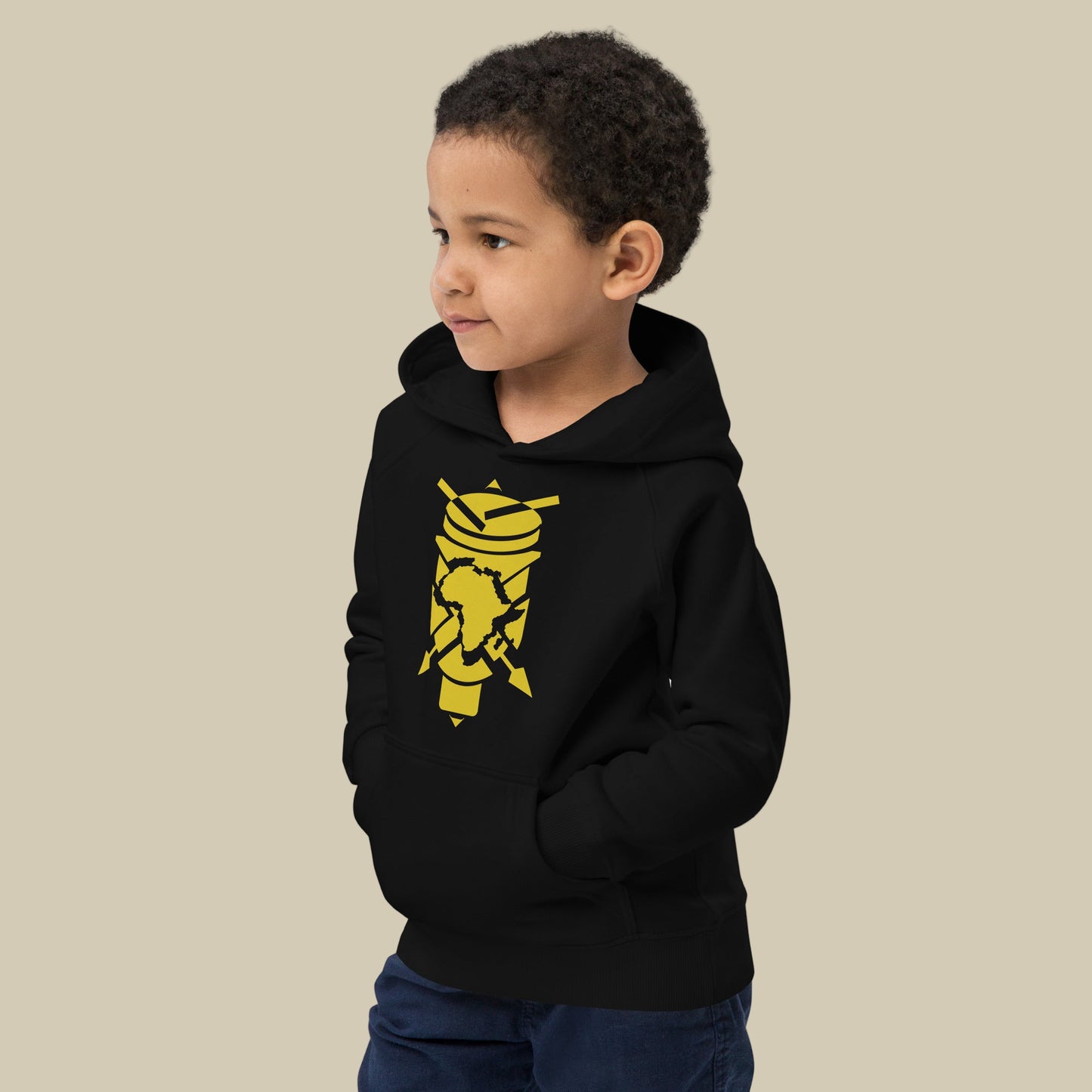 Creative.Era Ingoma Hoodie for kids — black Street Wear hoodie inspired by Burundi royal drums, cultural fashion design.
