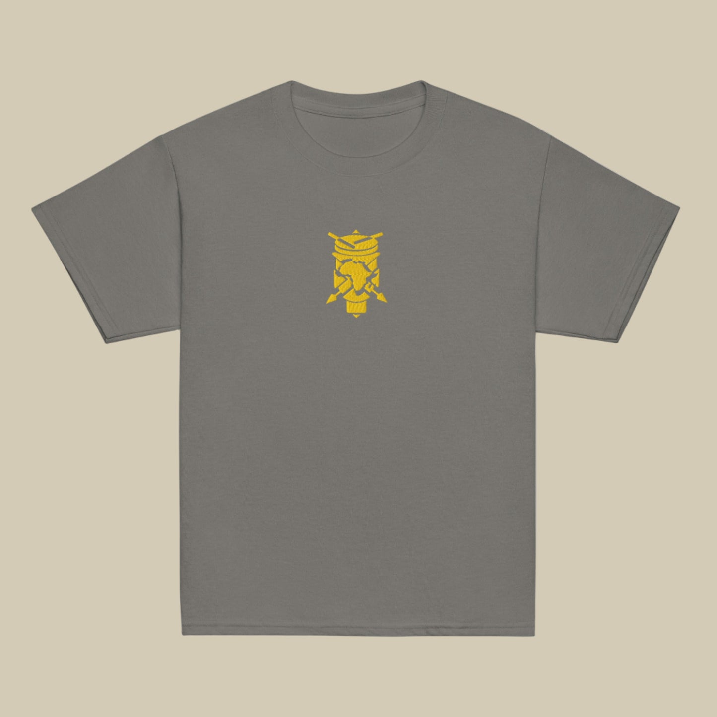 Creative.Era Youth Ingoma t-shirt — faded black t-shirt with golden drum symbol, artistic Street Wear.
