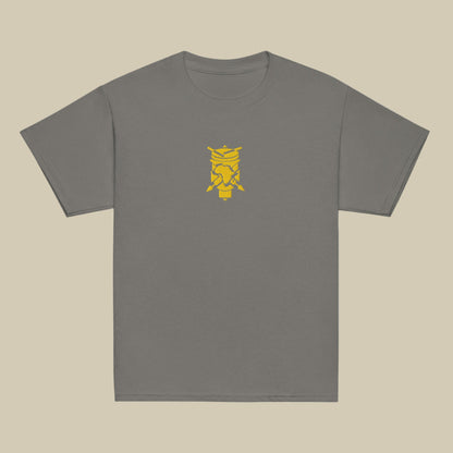 Creative.Era Youth Ingoma t-shirt — faded black t-shirt with golden drum symbol, artistic Street Wear.