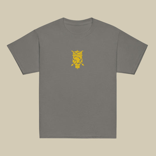 Creative.Era Youth Ingoma t-shirt — faded black t-shirt with golden drum symbol, artistic Street Wear.